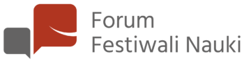 Logo przedstawia dwa dymki obok widnieje napis Forum Festiwali Nauki